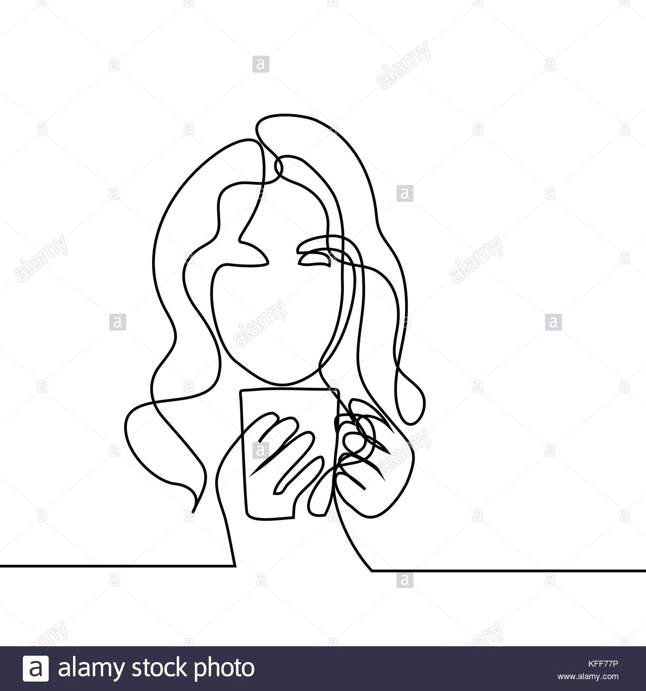 1300x1390 Continuous Line Drawing. Abstract Portrait A Woman With Cup