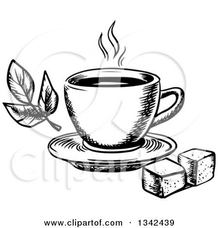 450x470 Clipart Of A Black White Sketched Hot Tea Cup, Sugar Cubes