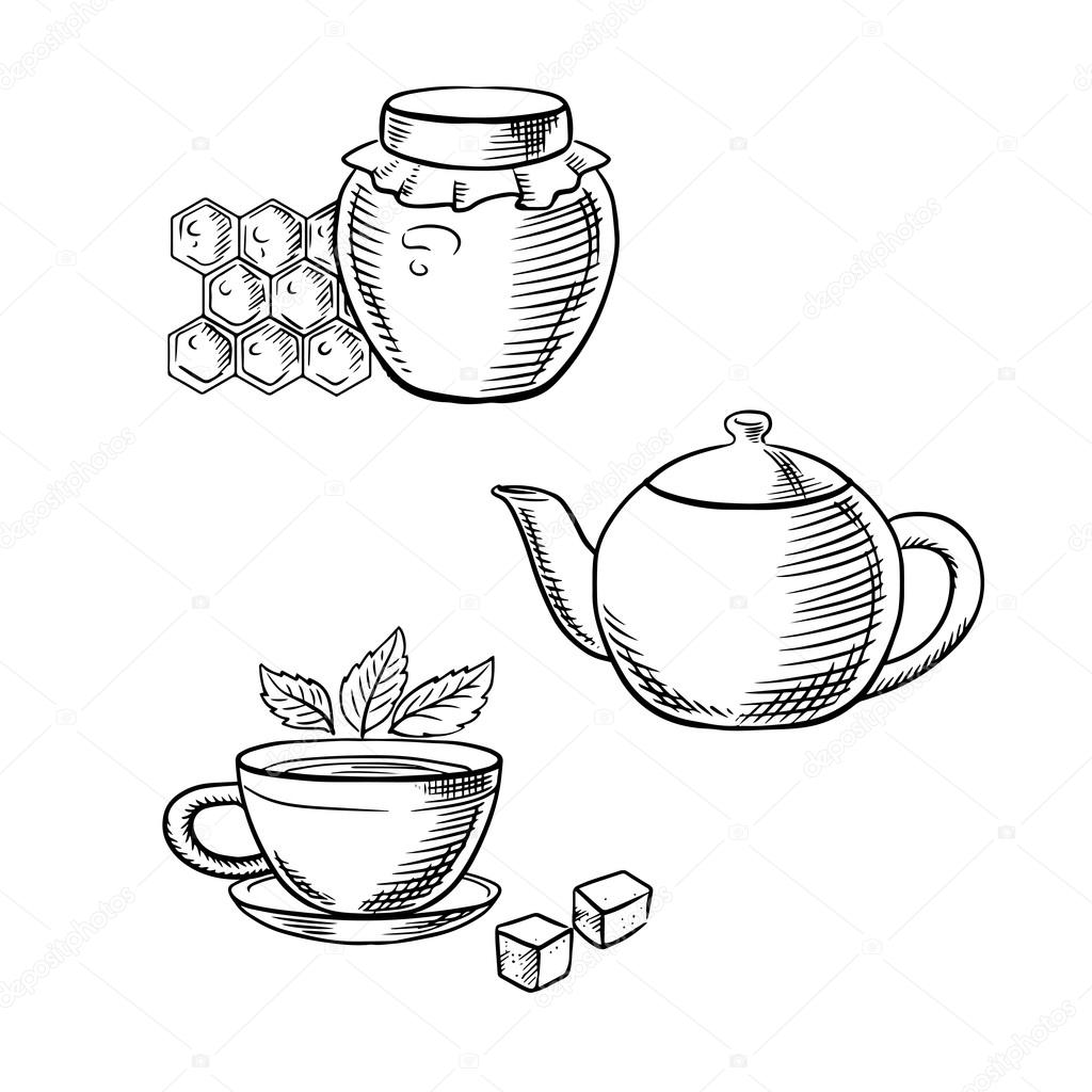 1024x1024 Cup Of Tea, Honey Jar And Teapot Sketches Stock Vector