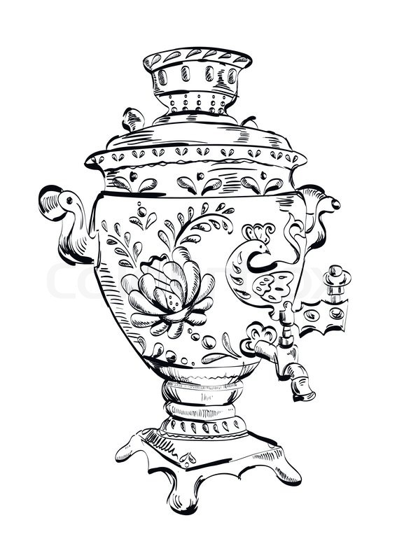 567x800 Russian Samovar, Vector, Sketch, Tea, Illustration Stock Vector