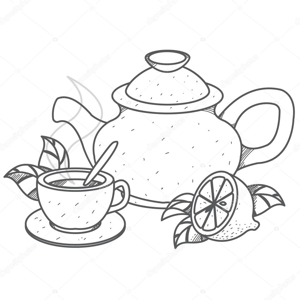1024x1024 Teapot, Cup Of Tea With Lemon Outline Drawing. Stock Vector