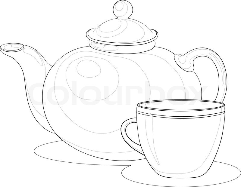 800x622 Vector, China Teapot And Cup, Monochrome Contours On White