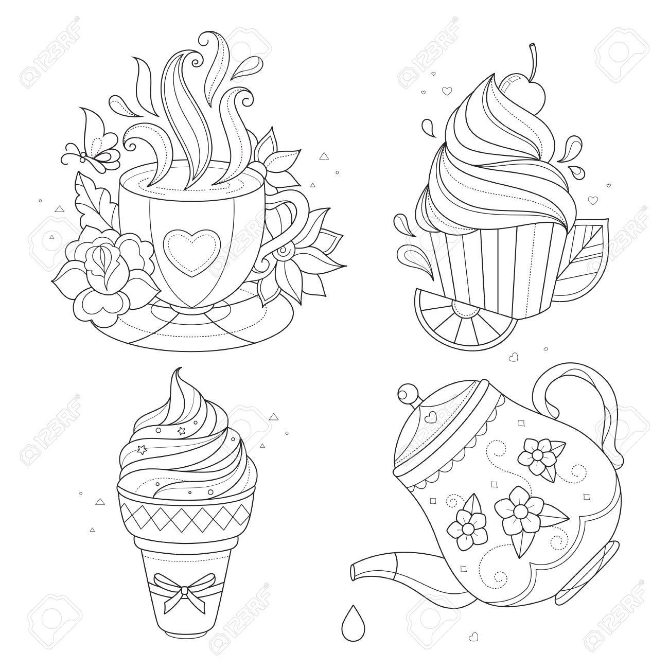 1300x1300 Coloring Page Set. Cupcake, Ice Cream, Tea Pot, Tea Cup