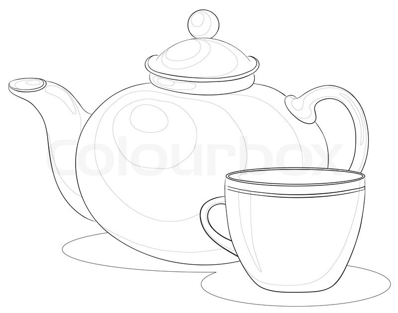800x630 China Teapot And Cup, Monochrome Contours On White Background