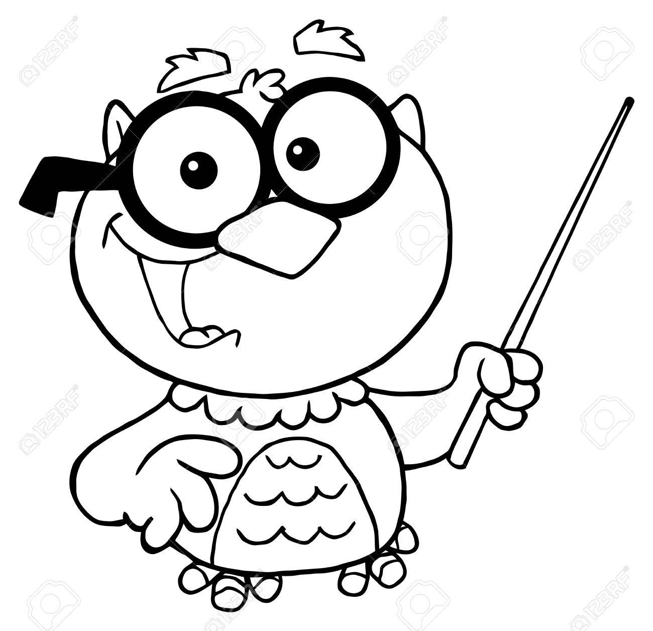 1300x1256 Outlined Owl Teacher Cartoon Character With A Pointer Royalty Free