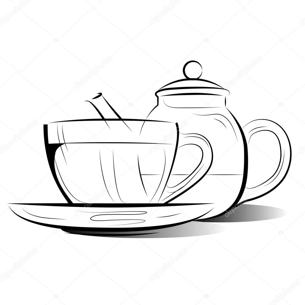 1024x1024 Drawing Teapot And Cup Of Tea On A White Background Stock Vector