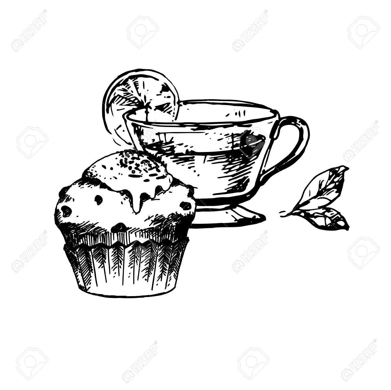 1300x1296 Hand Drawn Sketch Of Tea Cup And Delicious Cupcake. Vintage Sketch