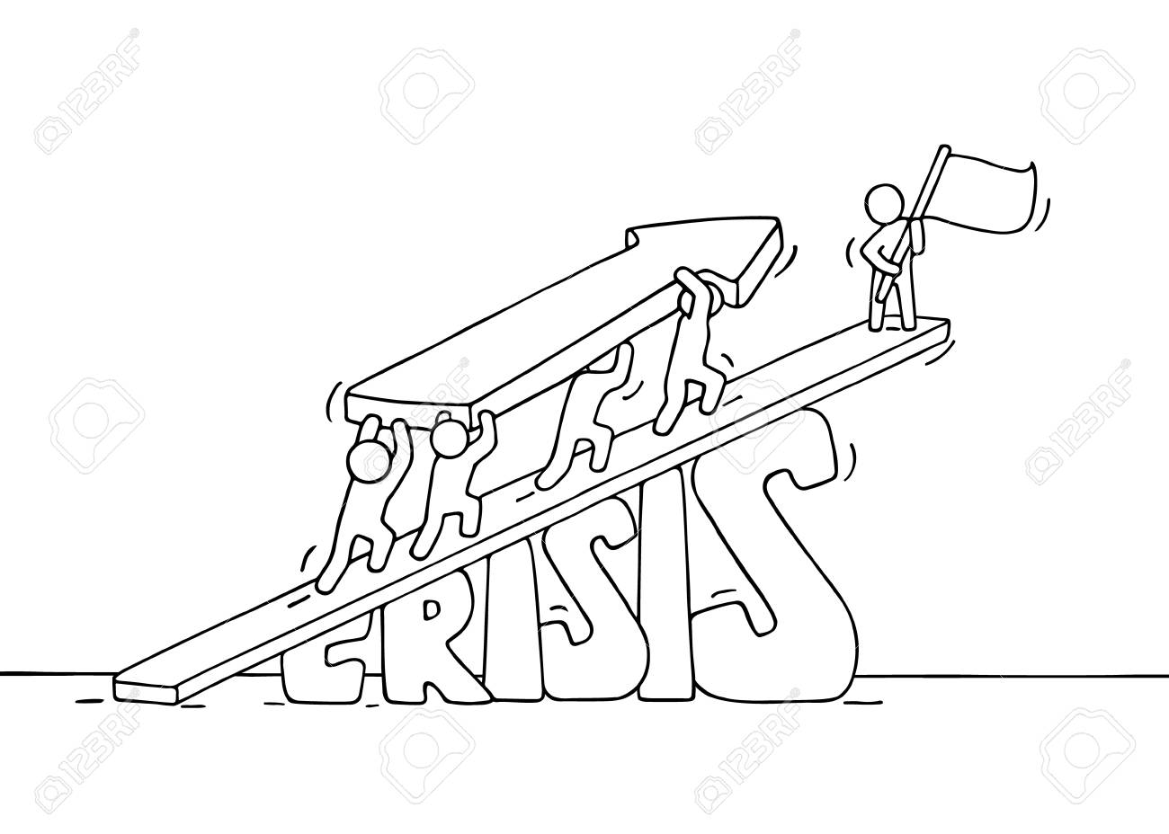 1300x928 Sketch Of Working Little People With Arrow Up, Teamwork. Doodle