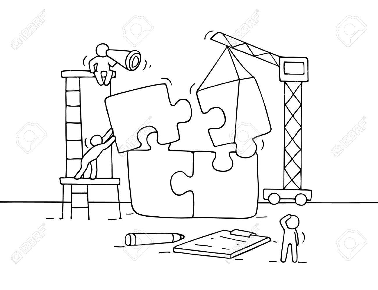 1300x996 Sketch Of Working Little People With Puzzle, Teamwork. Doodle