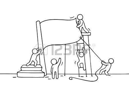 450x346 Sketch Of Working Little People With Red Flag. Doodle Cute