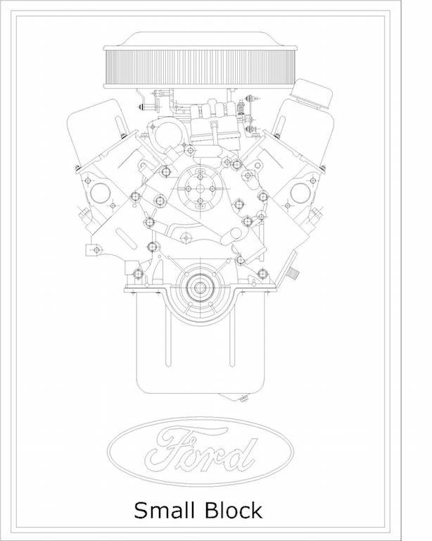 614x768 V8 Engine Technical Drawing Prints Whengparts
