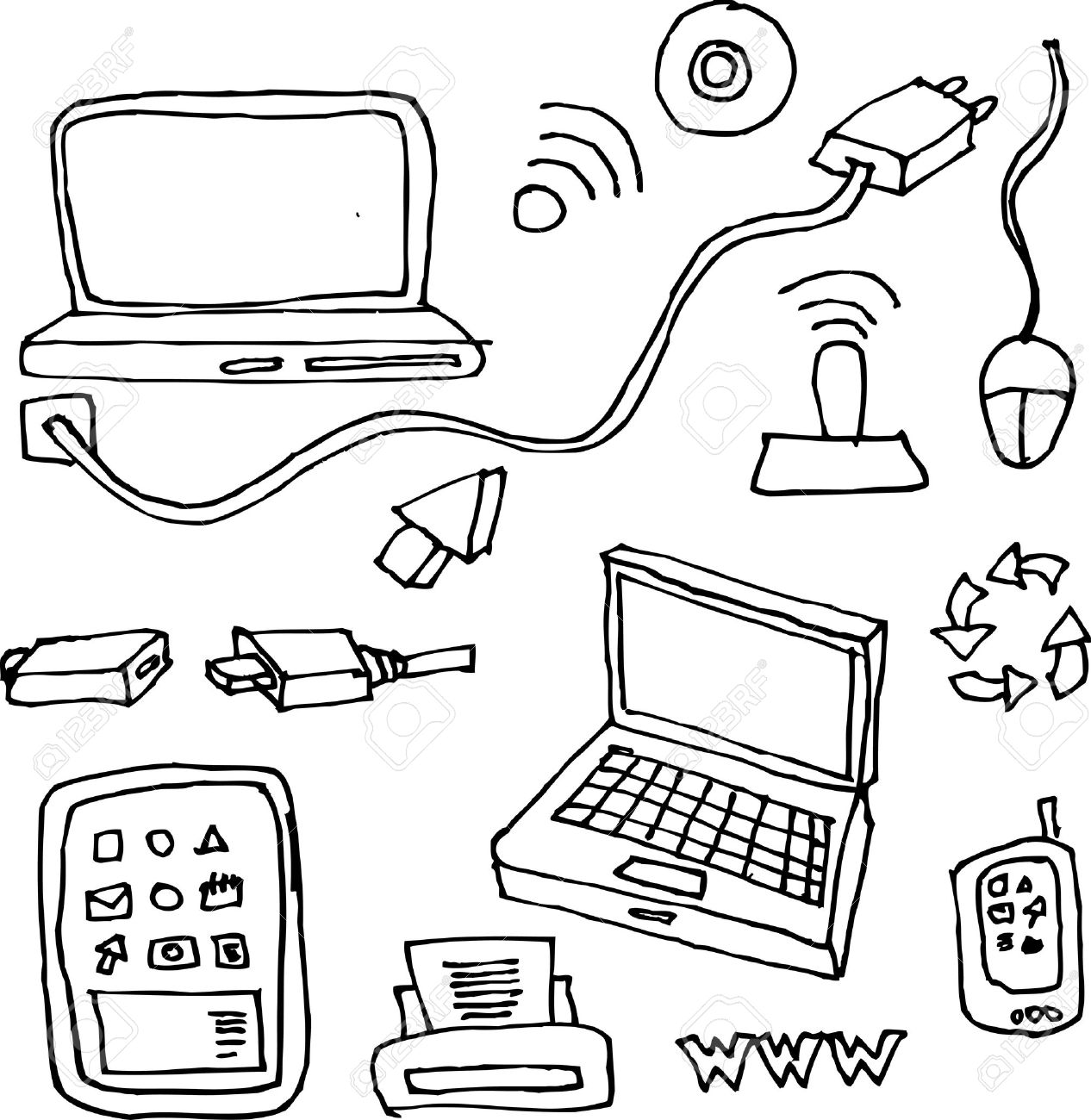 1266x1300 Drawing By Hand Of Computers, Tablets, Printers, Cables