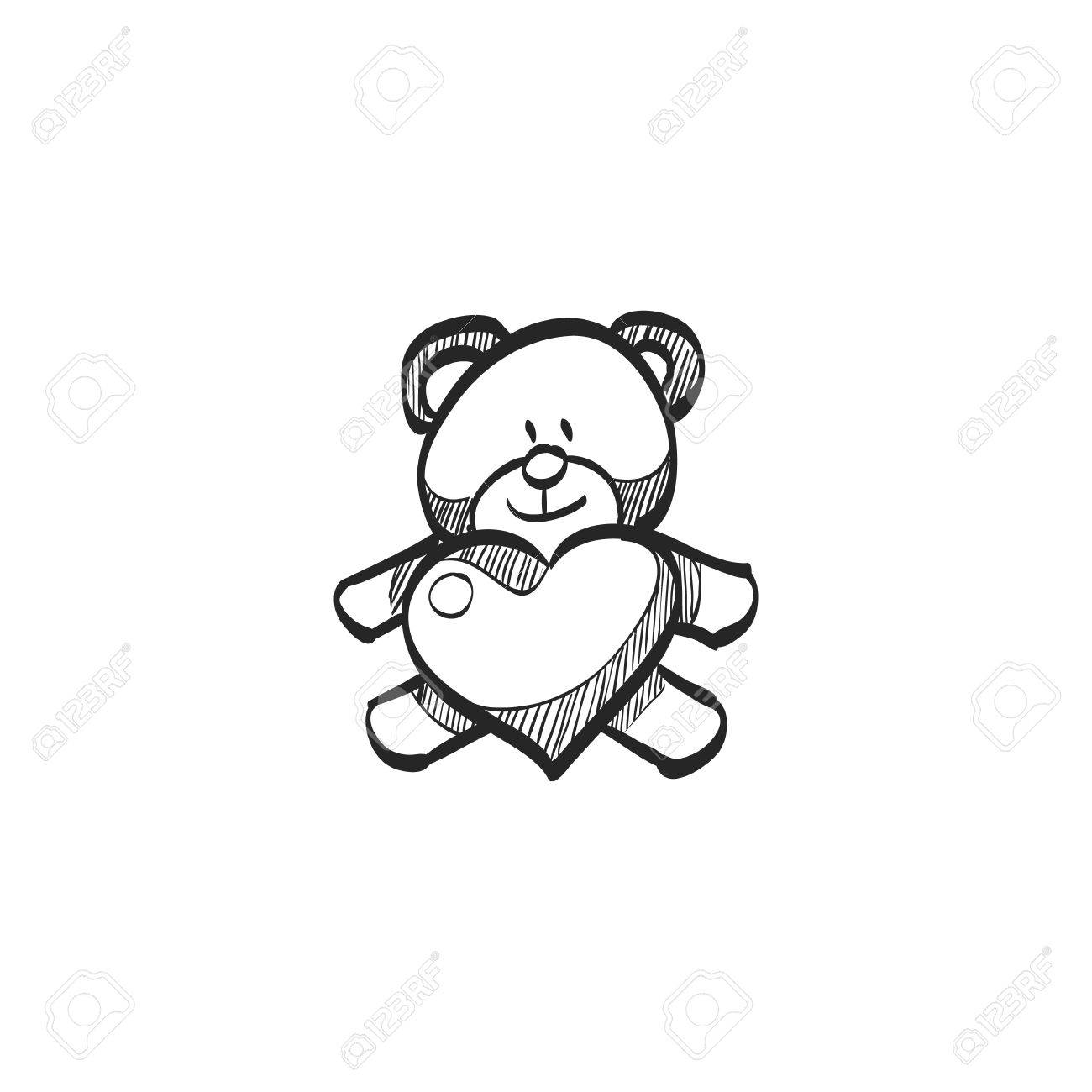 1300x1300 Teddy Holding Heart Shape Icon In Doodle Sketch Lines. Valentine