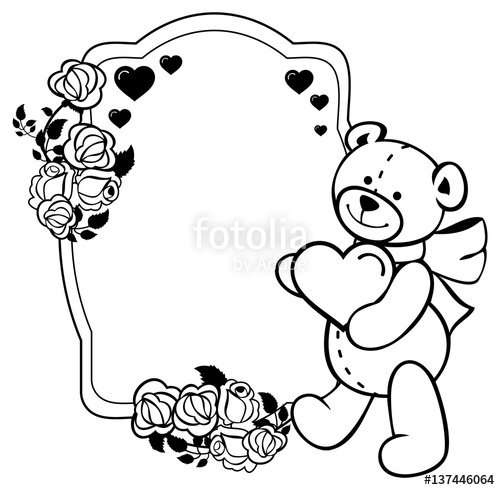 500x490 Oval Label With Outline Roses And Cute Teddy Bear Holding Heart