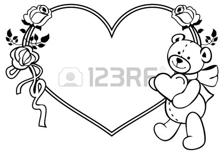 450x311 Heart Shaped Frame With Outline Roses, Teddy Bear Holding Heart