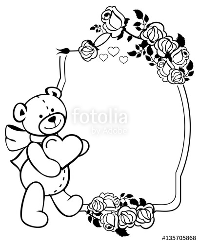 408x500 Oval Label With Outline Roses And Cute Teddy Bear Holding Heart