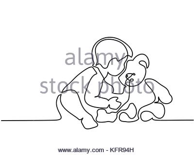 400x320 Continuous Line Drawing. Little Boy Sitting With Teddy Bear On