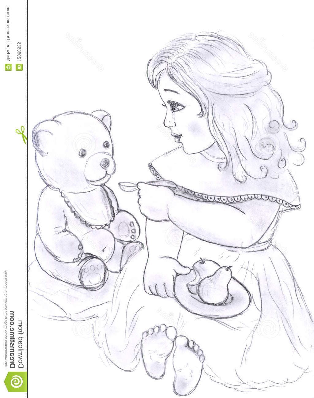 1025x1300 Teddy Bear Pencil Sketch Painting Little Girl With Bear Toy