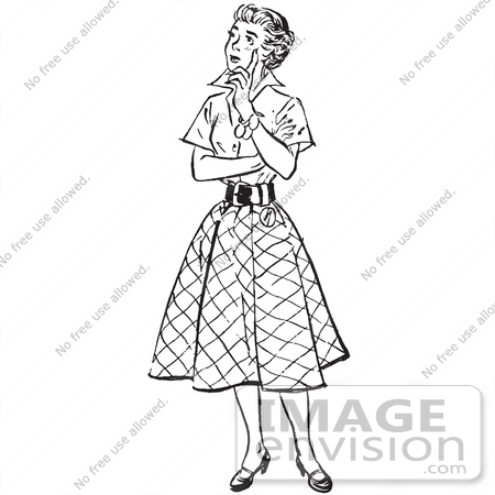 450x450 Retro Clipart Of A Vintage Teenage Girl Thinking In Black