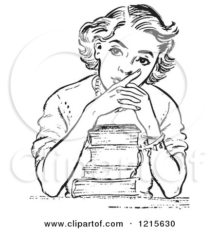 450x470 Retro Vector Clipart Of A Vintage Teen High School Girl Thinking