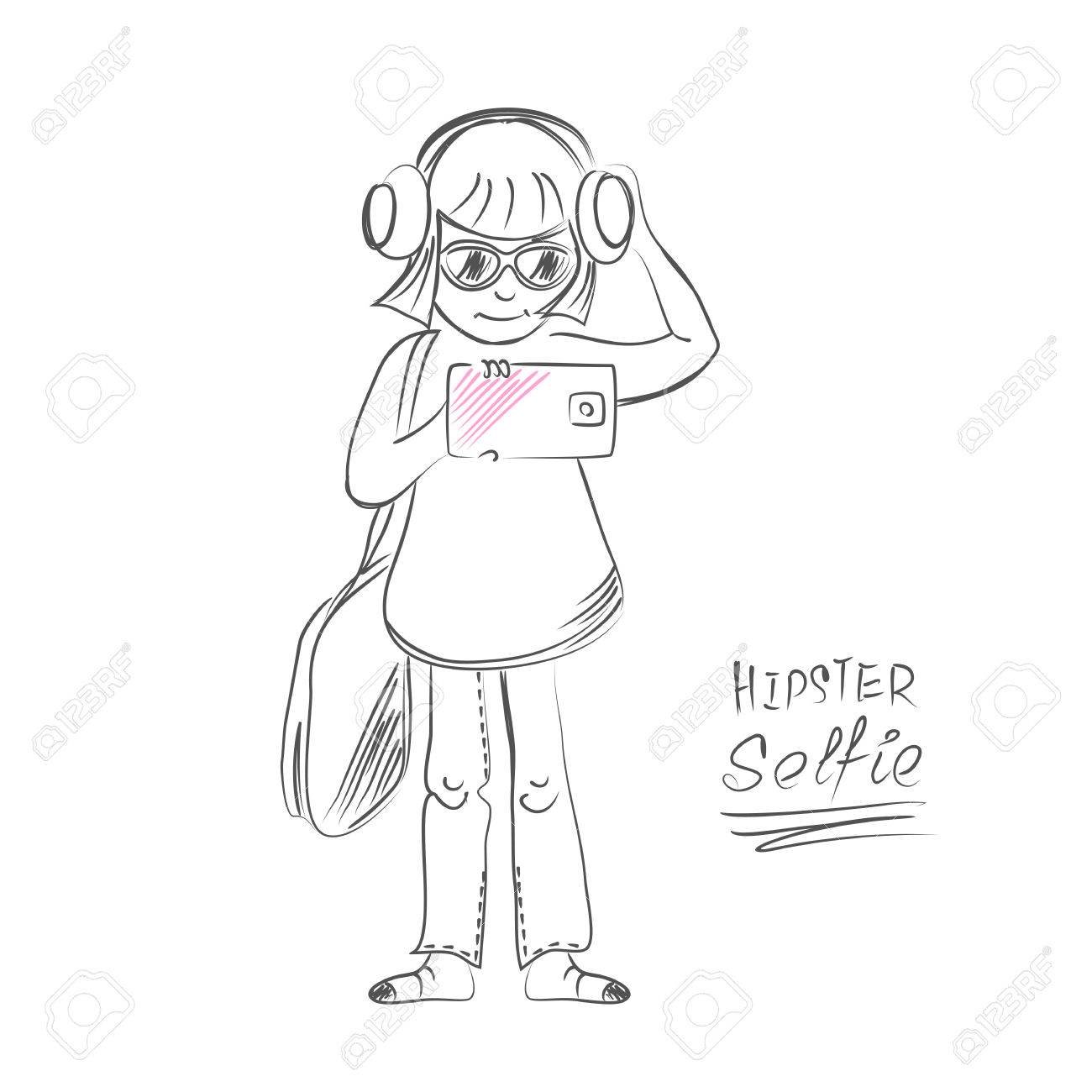 1300x1300 Sketch Teen Hipster Girl.selfie Cartoon Taking Self Portrait
