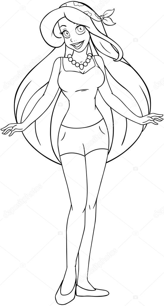 551x1023 Teenage Girl In Tanktop And Shorts Coloring Page Stock Vector