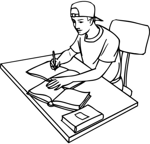 480x460 Teenager Student Studying With Books Coloring Page Free