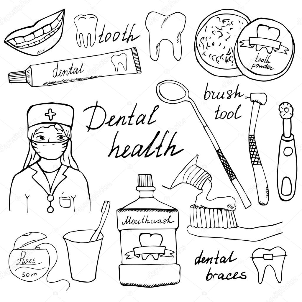 1024x1024 Dental Health Doodles Icons Set. Hand Drawn Sketch With Teeth