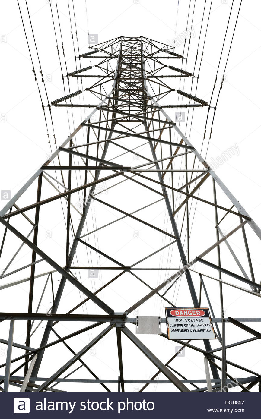 865x1390 High Voltage Power Pole On White Background With Danger Sign Stock
