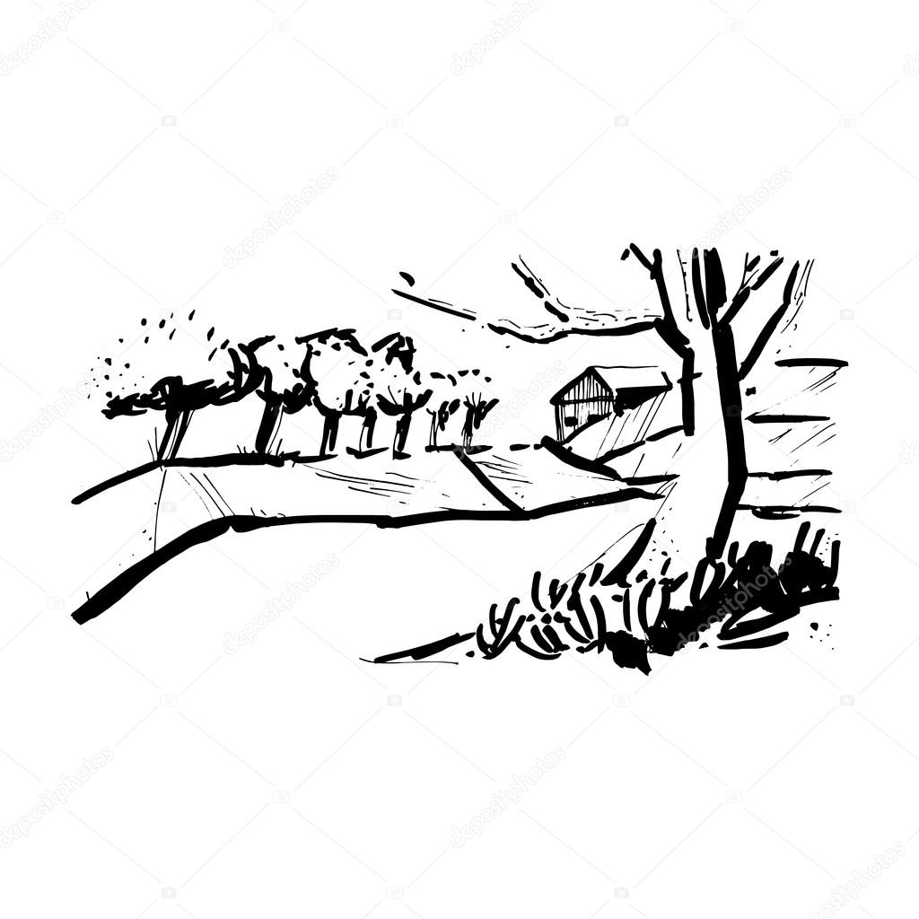 1024x1024 Landscape With The Trees In The Style Of Sketch Art, Line Drawing