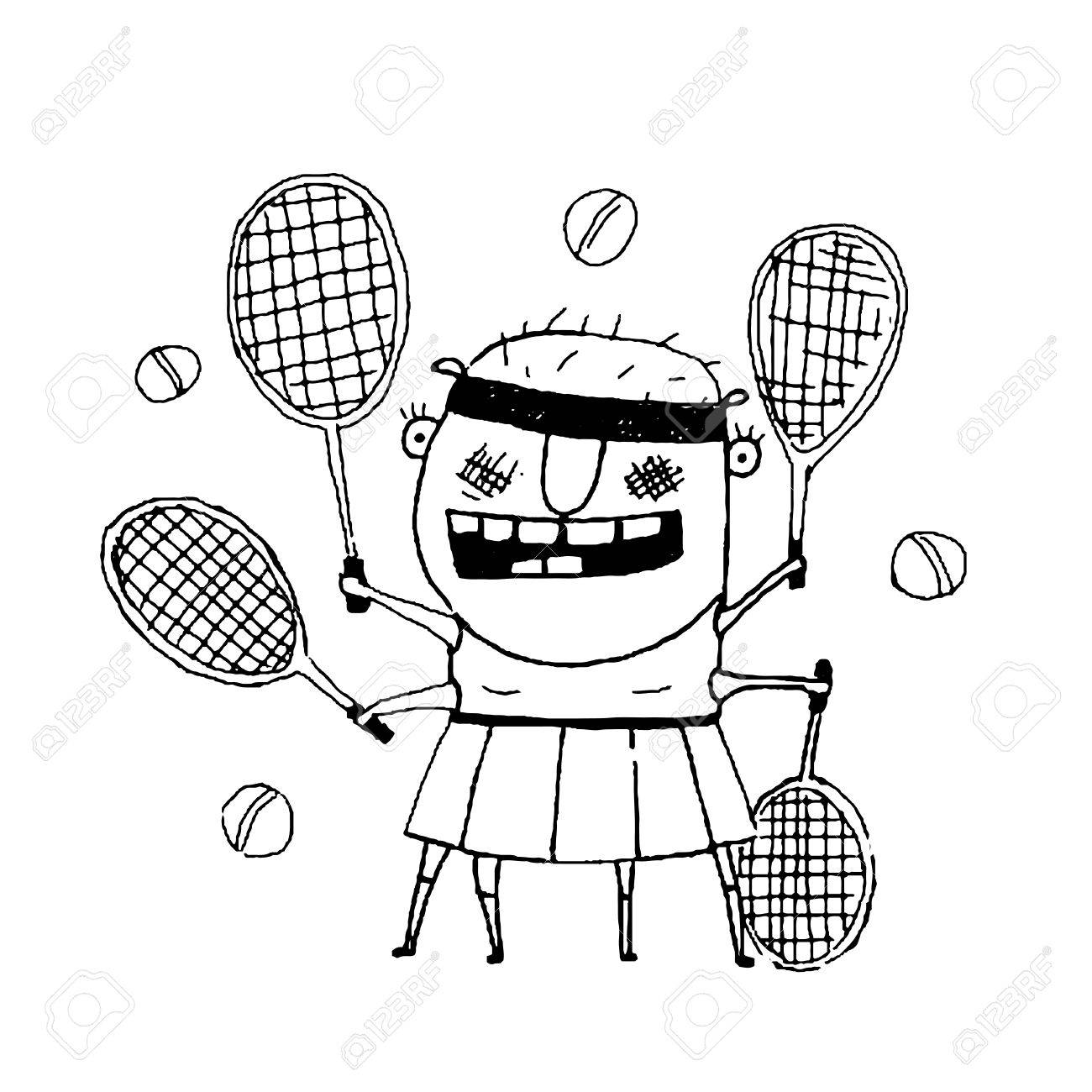 1300x1300 Fun Cartoon Sporty Girl Tennis Player Freaky Style Outline Black