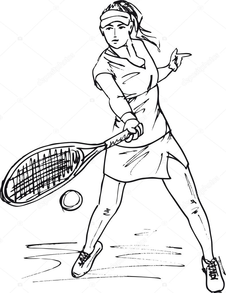 789x1024 Sketch Of Woman With Tennis Racket. Vector Illustration Stock