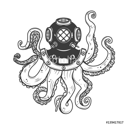 500x500 Diver Helmet With Octopus Tentacles Isolated On White Background