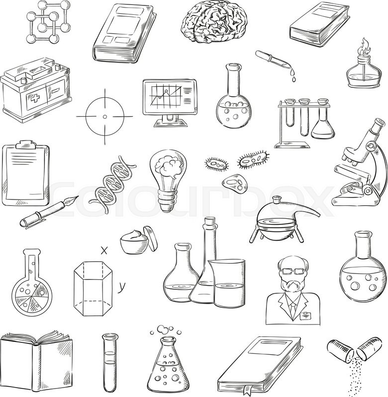 780x800 Scientist With Sketch Symbols Of Microscope, Laboratory Test Tubes