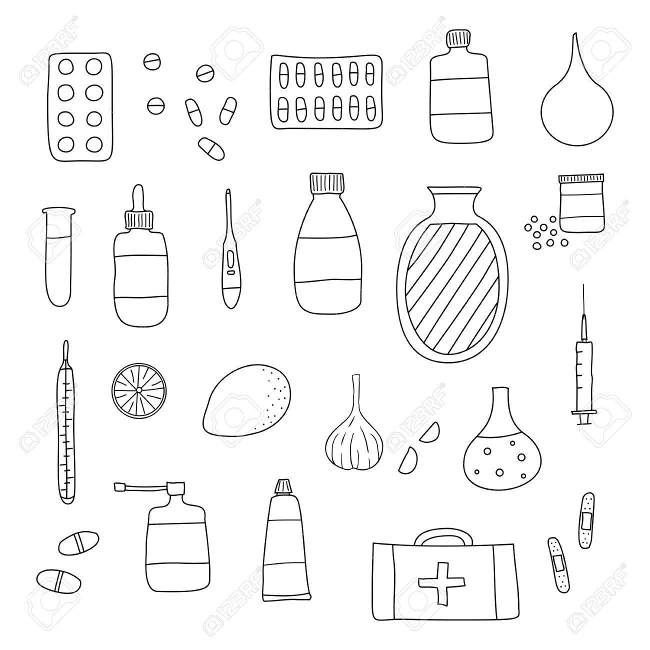 1300x1300 Hand Drawn Outline Medical Items Isolated On White Background