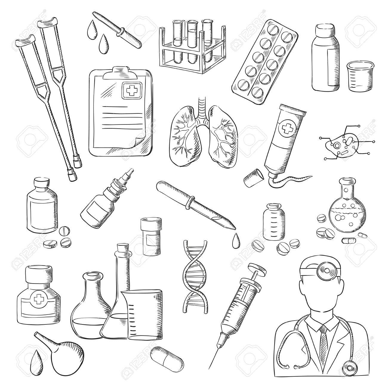 1300x1300 Sketches Of Doctor With Stethoscope, Pill, Syringe, Test Tube