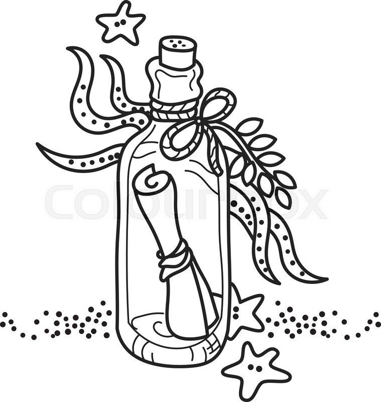 759x800 Message In A Bottle On Sea Bottom. Free Hand Drawing. Good