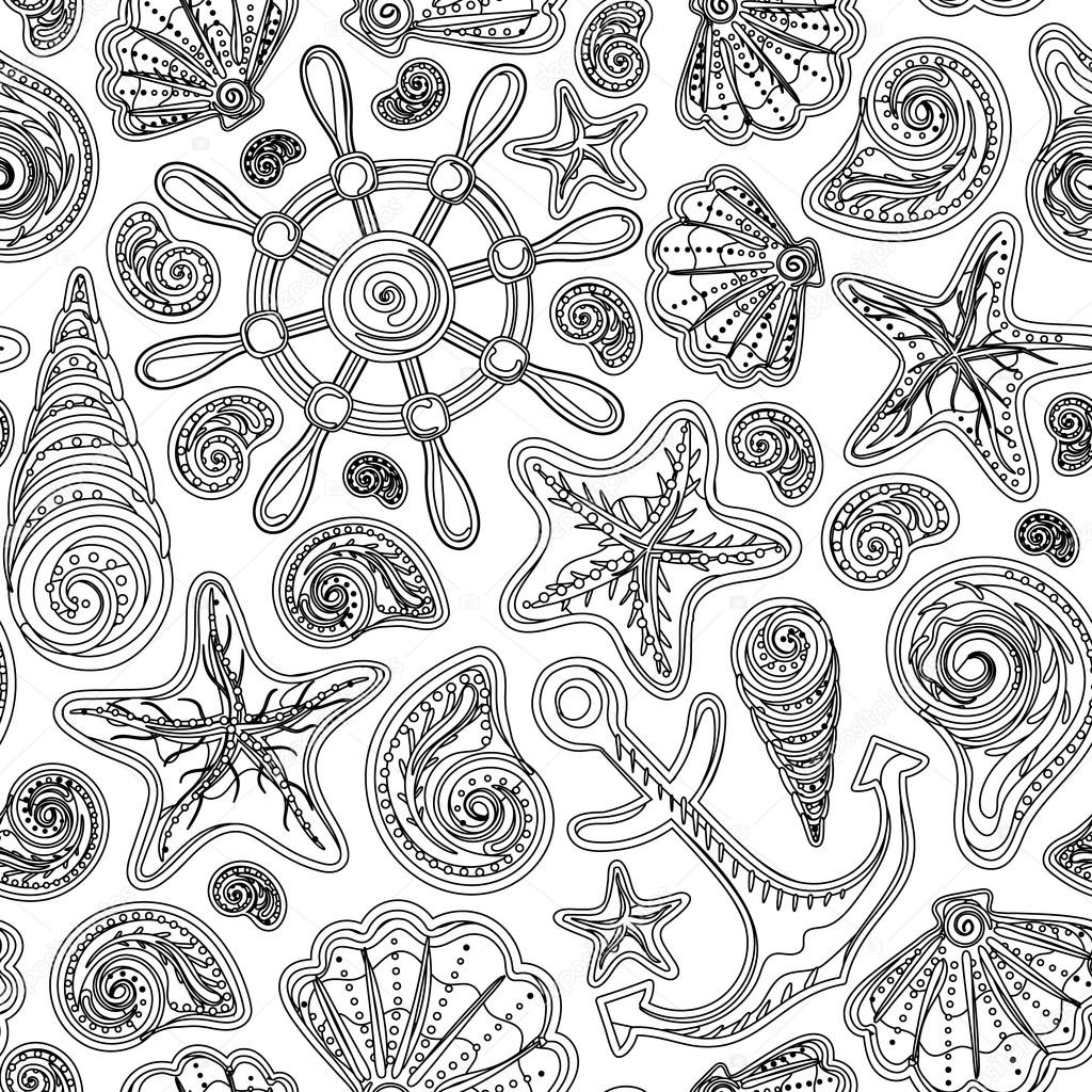 1024x1024 Sea Shells Vector Monochrome Seamless Pattern Texture Background