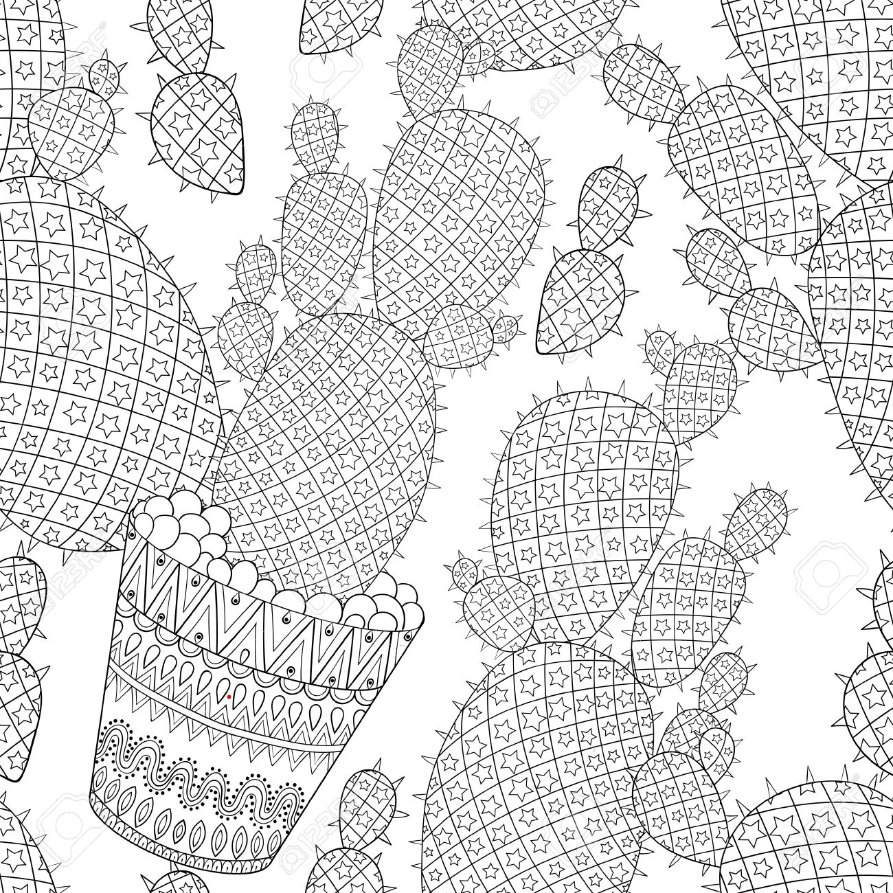1300x1300 Cactus Seamless Pattern. Outline Desert Plant Illustration