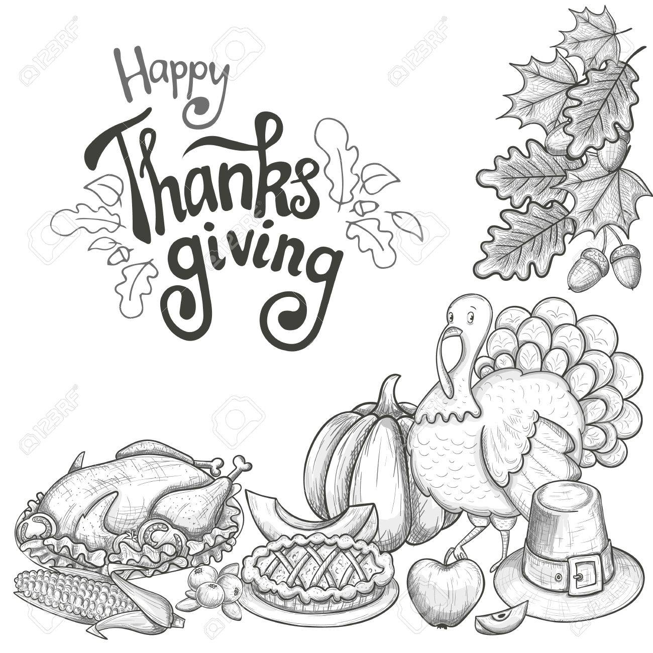 1300x1300 Corner Frame With Thanksgiving Icons. Sketch Style Thanksgiving