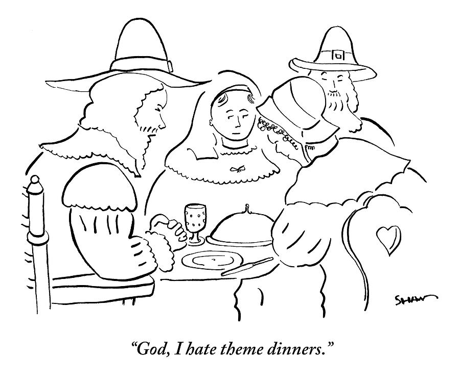 900x753 Pilgrims At Thanksgiving Dinner Table Drawing By Michael Shaw