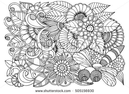 450x330 Black And White Flower Pattern For Coloring. Doodle Floral Drawing