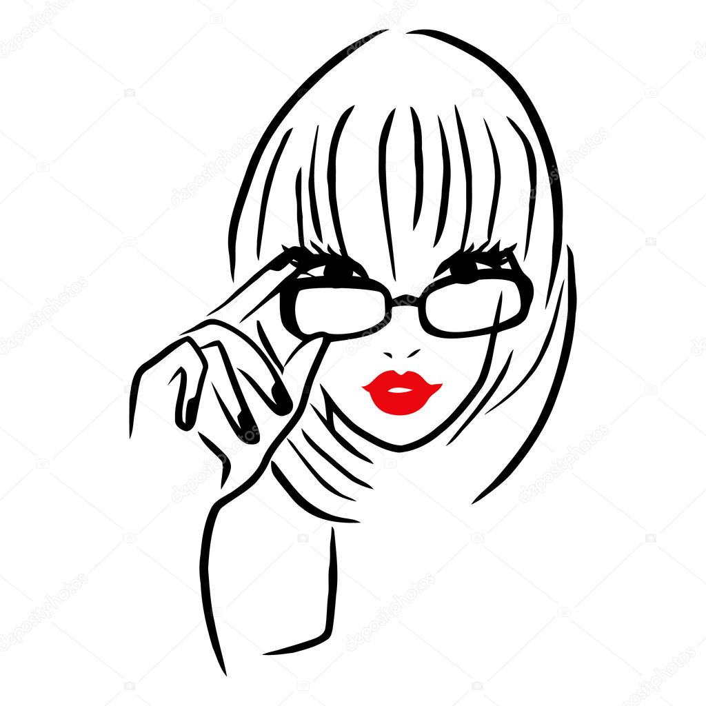 1024x1024 Vector Ink Line Art Lady Wearing Thick Rim Glasses Stock Vector