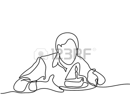 450x375 Continuous Line Drawing. Man Thinking And Dreaming In Office