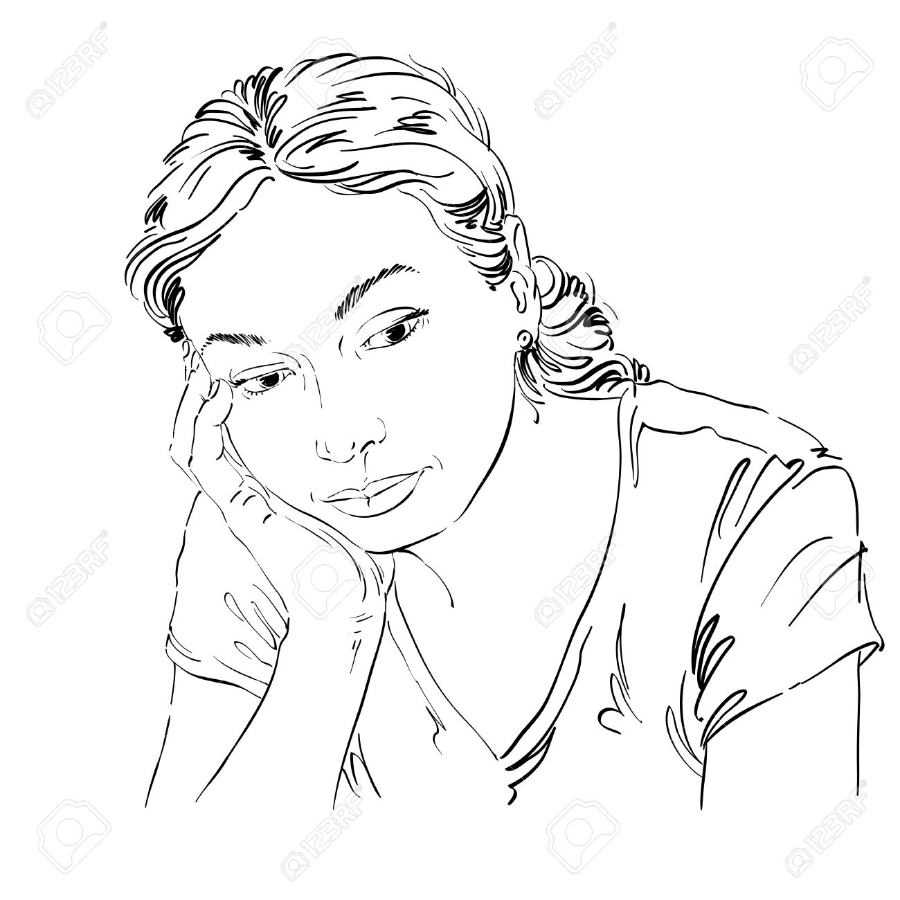 1300x1300 Vector Art Drawing, Portrait Of Sad And Depressed Girl, Thinking