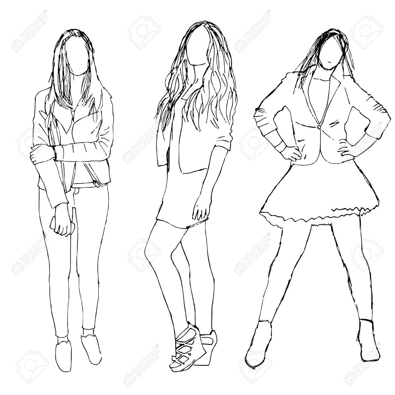 1300x1300 Sketch Of People. Three Girls Royalty Free Cliparts, Vectors,