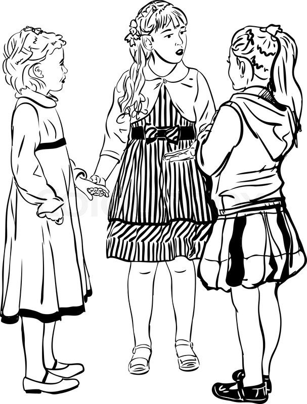 607x800 Sketch Three Girl Friends Of Girl Speak In Dresses Stock Vector