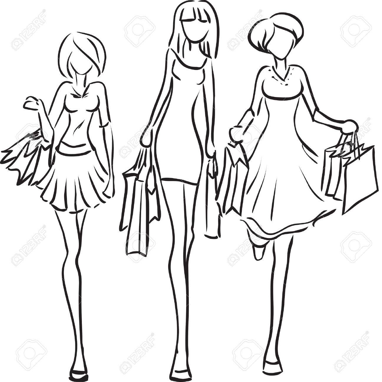 1297x1300 Vector Picture With Three Girls Going Shopping Royalty Free