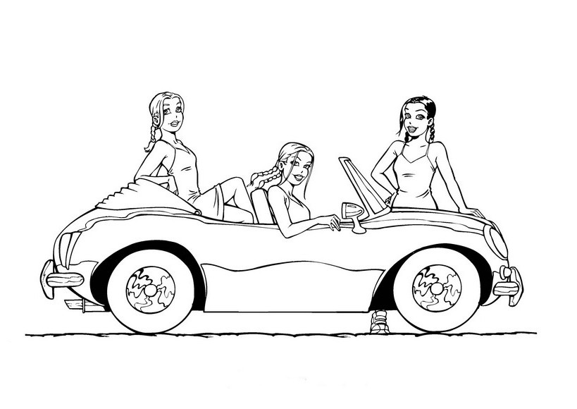 819x580 Coloring Page Of 3 Girls With A Car