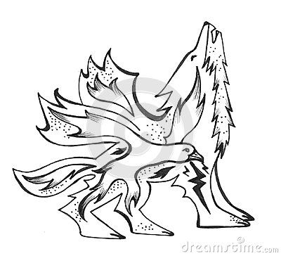 400x364 Black And White Drawing Of A Wolf With A Fire Bird Inside It.
